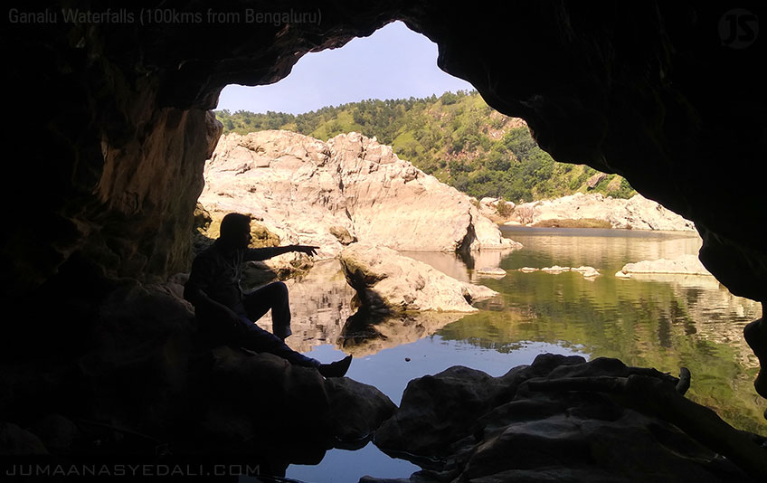 Ganalu Falls - Experience the nature's beauty, that has been rarely explored! Just 100Kms from Bengaluru, a bike ride will make it an amazing experience to remember for long! Jumaana Syed Ali sitting inside the Cave at Ganalu Falls!