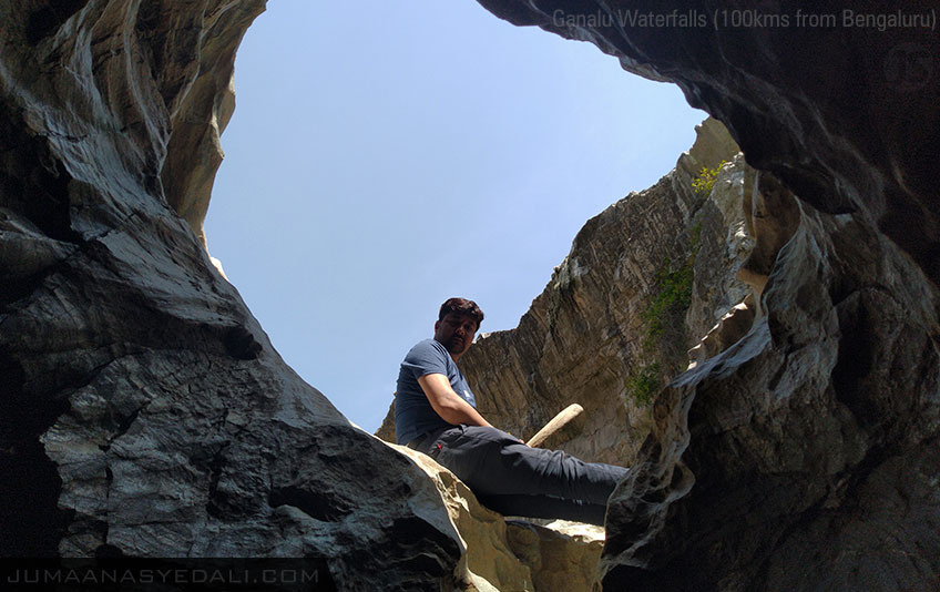 Ganalu Falls - Experience the nature's beauty, that has been rarely explored! Just 100Kms from Bengaluru, a bike ride will make it an amazing experience to remember for long! Rasamby sitting above the Cave inside the Ganalu Falls location!