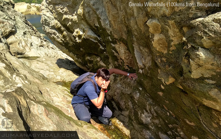 Ganalu Falls - Experience the nature's beauty, that has been rarely explored! Just 100Kms from Bengaluru, a bike ride will make it an amazing experience to remember for long! Rasamby drinking some pure water from the Ganalu Falls